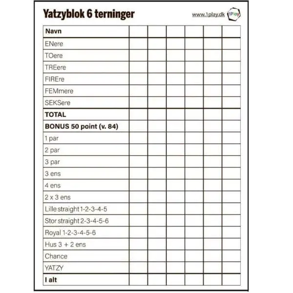 Yatzyblok A5 til 6 terninger 3 stk