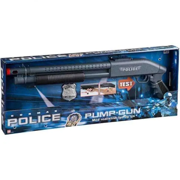 Rigtig fed Pumpgun, med realistiske lyde og lys. passer perfekt til den lille politimand eller politikvinde.
