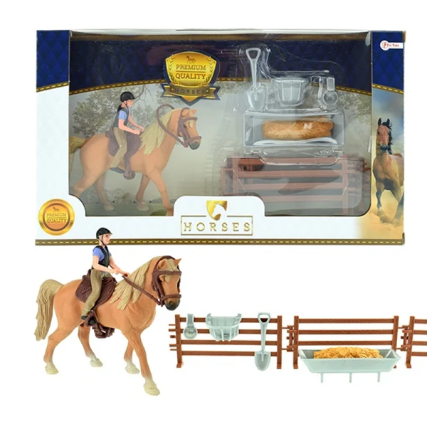 HORSES PRO Brun Hest Med Rytter Og Accessories (13cm)