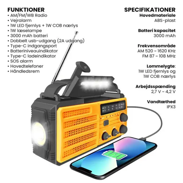 Nødradio Med 3000mAh Powerbank