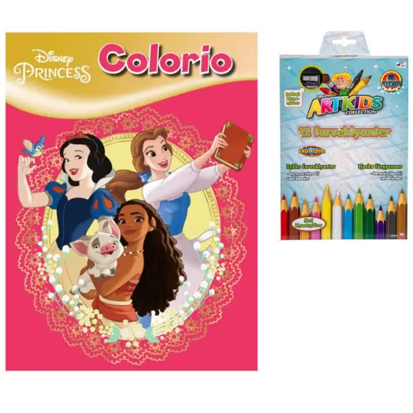 Colorio Disney Princess Malebog og ARTKIDS Pakke Med 12 Stk. Tykke Farveblyanter Og Dobbelt Spidser