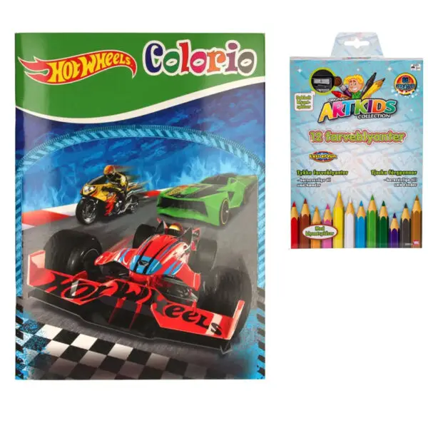 Colorio Hot Wheels Race Malebog grøn og ARTKIDS Pakke Med 12 Stk. Tykke Farveblyanter Og Dobbelt Spidser