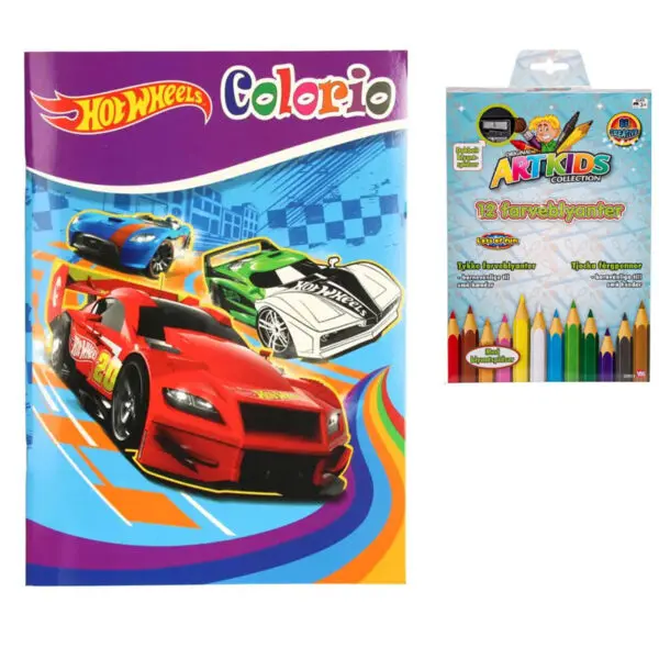 Colorio Hot Wheels Race Malebog lilla og ARTKIDS Pakke Med 12 Stk. Tykke Farveblyanter Og Dobbelt Spidser