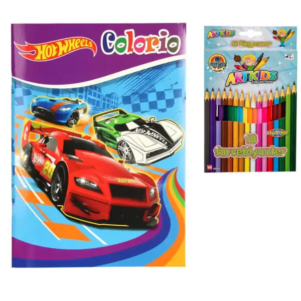 Colorio Hot Wheels Race Malebog lilla og ARTKIDS Pakke Med 18 Stk. Farveblyanter