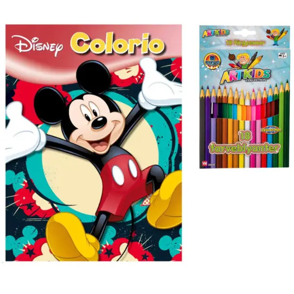 Colorio Mickey Mouse Og Venner Malebog og ARTKIDS Pakke Med 18 Stk. Farveblyanter