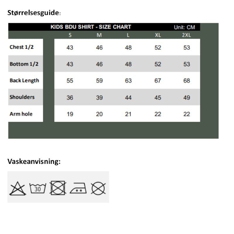 Størrelsesguide og vaskeanvisning