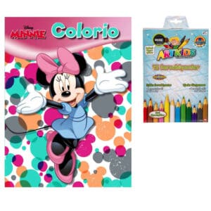 Colorio Minnie Mouse Malebog og ARTKIDS Pakke Med 12 Stk. Tykke Farveblyanter Og Dobbelt Spidser